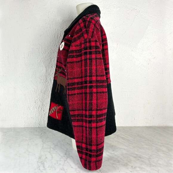 Talbots Plaid Fleece Reindeer Christmas Tree Applique Fleece Jacket - Women's XL - Picture 6 of 14